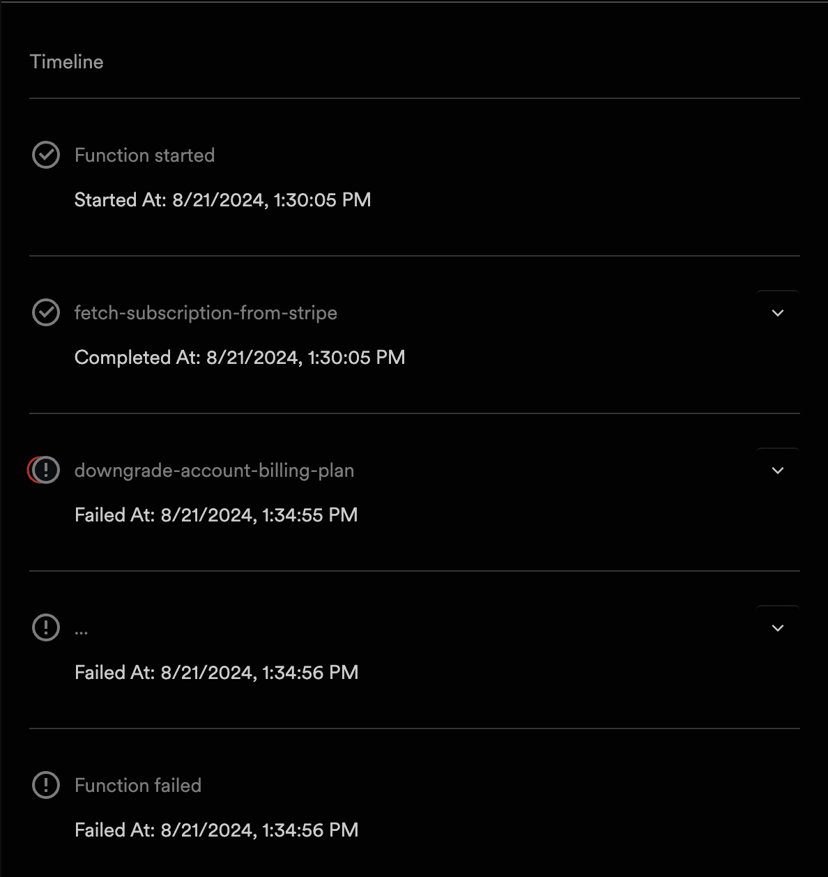 The Timelime of steps features two steps: a first one to fetch the subscription from Stripe and second one to update it. The second is marked as failed.