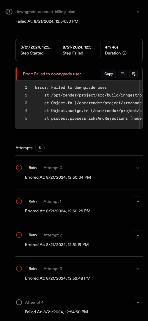 Expanding the second step lists all the attempted retries along with their respective error.