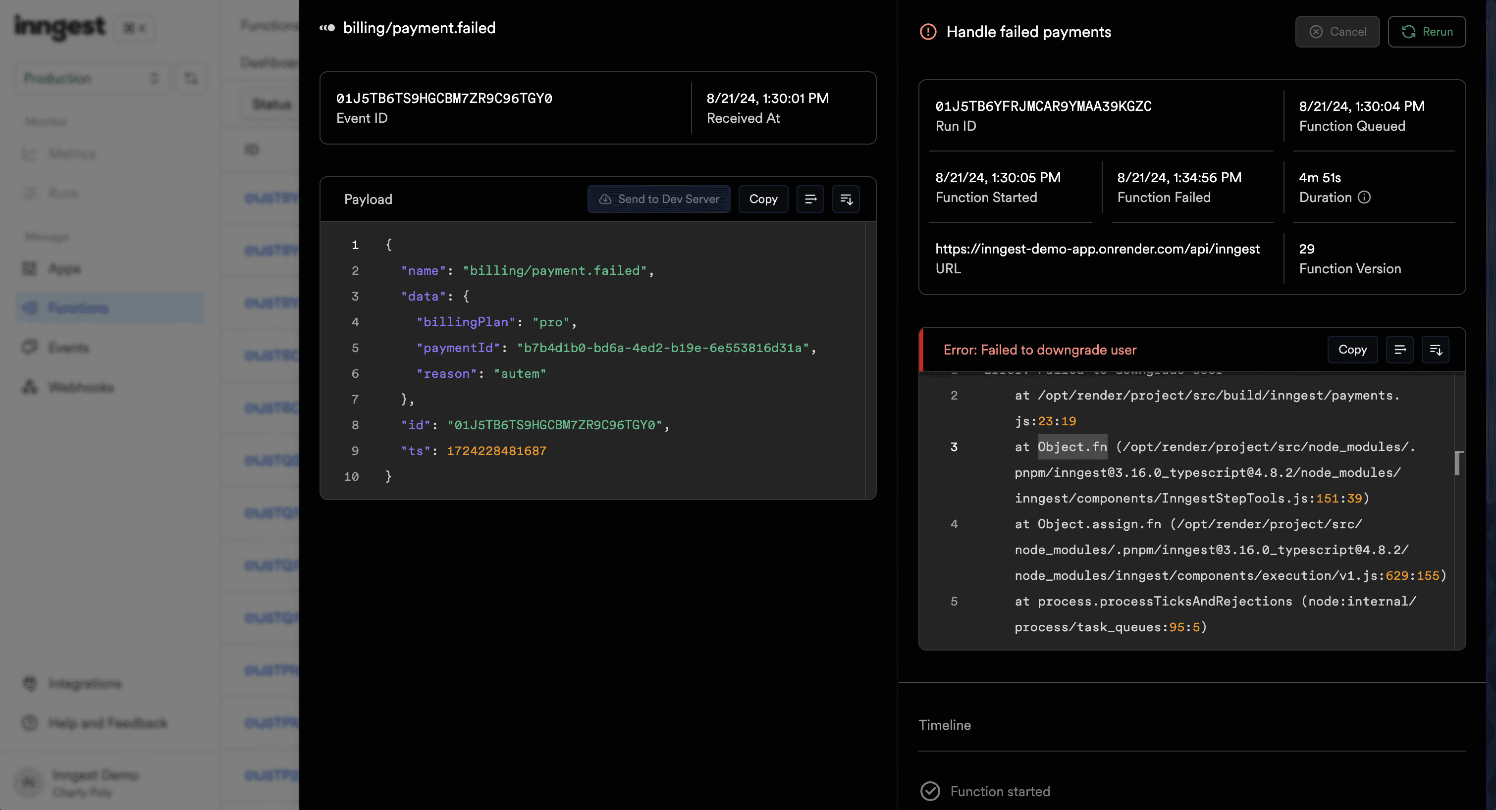 The Function Run Logs view displays the event payload on the left, some technical attributes (function version, timings) on the right and a timeline of steps on the bottom left.